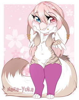 anthro beak big_ears big_tail blue_eyes blush chibi clothing collar ear_piercing ear_ring facial_piercing featureless_crotch feet female gold_(metal) gold_ear_ring hair heterochromia hindpaw legwear lip_piercing paws piercing pink_eyes pink_hair ring_piercing snakebite_piercing solo tail text nana-yuka mythology avian gryphon mythological_avian mythological_creature teacup_gryphon absurd_res digital_media_(artwork) hi_res url