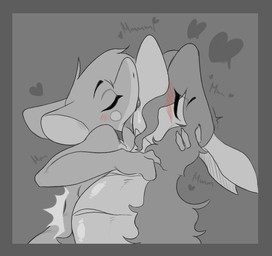 anthro biped blush bodily_fluids border breasts duo ears_back extreme_french_kiss eyebrows eyes_closed female female/female fingers french_kissing fur grey_background grey_border heart_symbol kissing neck_bulge pivoted_ears saliva side_view simple_background text jizzus dusk_(tabuley) jivii_(jizzus) arthropod bat mammal greyscale monochrome trans_(lore) trans_woman_(lore)