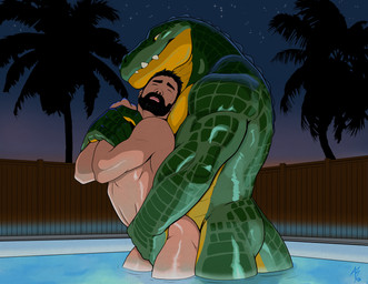 anthro beard duo eyebrows eyes_closed facial_hair fence from_behind_position human_on_anthro interspecies male male/male mustache night nude palm_tree plant sex swimming_pool tree yellow_eyes ashbearfox_(artist) alligator alligatorid crocodilian human humanoid mammal reptile scalie 2026 hi_res