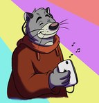 anthro biped cellphone clothing electronics eyes_closed grey_body headphones hoodie humanoid_hands listening_to_music musical_note musical_symbol phone smartphone solo symbol topwear cowcatgames_(artist) brok_the_investigator cowcat_games graff_filsh domestic_cat felid feline felis mammal official_art