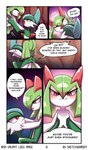 absurd_res annoyed blush cave comic dialogue duo english_text eyeshadow female gallade generation_3_pokemon generation_4_pokemon held_up hi_res humanoid kirlia kissing laugh makeup male nintendo noble_(sketchygarden) playing pokemon pokemon_(species) serenity_(sketchygarden) sketchygarden text