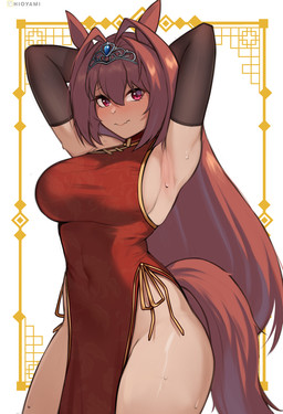 armwear big_breasts biped blush bodily_fluids breasts clothed clothing female looking_at_viewer raised_arm solo sweat sweatdrop hioyami_(artist) cygames uma_musume_pretty_derby daiwa_scarlet_(pretty_derby) animal_humanoid equid equid_humanoid equine equine_humanoid horse_humanoid humanoid mammal mammal_humanoid 2026 hi_res
