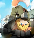 anthro army army_uniform blue_eyes blue_sky clothed clothing detailed_background inside male sky tail tank vehicle young young_anthro yupa tycloud canid canine fox mammal 2023 hi_res