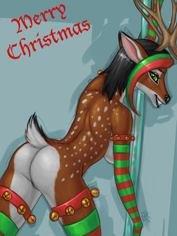 anthro antlers arm_warmers armwear bell breasts butt clothed clothing female genitals green_eyes handwear holidays horn leg_warmers legwear lips looking_at_viewer merry_christmas pattern_armwear pattern_clothing pattern_handwear pole pose short_tail side_boob simple_background smile solo spots spread_legs spreading striped_armwear striped_clothing striped_handwear stripes tail thick_bottom_lip topless vulva ldr christmas ahyoka_(character) deer mammal new_world_deer reindeer 2012 3:4 absurd_res digital_media_(artwork) hi_res pinup