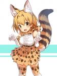 2017 3:4 animal_humanoid armwear blonde_hair blush bottomwear bow_(feature) bow_tie breasts clothed clothing elbow_gloves fangs felid felid_humanoid feline feline_humanoid female gloves hair handwear hi_res human_and_animal_ears humanoid ikomochi kemono_friends legwear mammal mammal_humanoid multi_ear open_mouth serval-chan serval_humanoid shirt skirt solo teeth thigh_highs topwear yellow_eyes