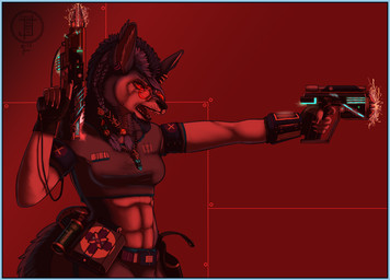 armor beads blue_border blue_hair border bracers braided_hair breasts claws eyewear female first_aid_kit glasses gun hair mane medic medical medical_instrument mohawk piercing pip-boy ranged_weapon scientific_instrument snarling solo teeth weapon fleety_(artist) fallout microsoft fleety_(character) lupe canid canine lupinossai mammal hi_res herm_(lore)