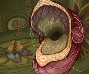 ambiguous_gender bodily_fluids brown_body close-up feral feral_pred green_internal leaf mouth_shot open_mouth plant red_body saliva solo teeth temple vore vorekingdom nintendo the_legend_of_zelda baba_(tloz) deku_(tloz) deku_baba elemental_creature flora_fauna 2026 6:5