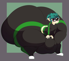 ass_up balls bent_over big_balls big_bulge big_butt big_penis black_bottomwear black_clothing black_pants black_shirt black_topwear black_tracksuit blue_hair border bottomwear bulge butt clothing footwear genitals green_background grey_border hair hand_on_bulge hand_on_own_bulge hand_on_own_penis hand_on_penis huge_balls huge_bulge huge_butt huge_penis huge_thighs humanoid_pointy_ears hyper hyper_balls hyper_bulge hyper_butt hyper_genitalia hyper_penis hyper_thighs male pants penis pointy_ears pseudo_hair purple_eyes shirt shoes simple_background smile smug solo tan_body tan_ears tan_skin tentacle_hair tentacles thick_thighs three-quarter_view tight_clothing topwear tracksuit white_clothing white_footwear white_shoes kuroyami nintendo splatoon sheri_(reathe) animal_humanoid aquatic aquatic_humanoid cephalopod cephalopod_humanoid humanoid inkling mollusk mollusk_humanoid 2026 absurd_res cel_shading colored digital_media_(artwork) hi_res shaded