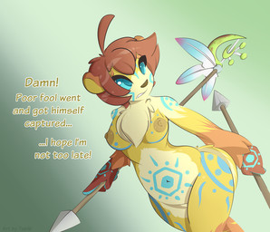 anthro areola blue_eyes bodypaint breasts dialogue feathers female melee_weapon multicolored_body navel nipples polearm solo spear text tribal weapon worried kemotobi honey_(kemotobi) bear mammal 2014 english_text