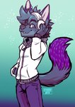 anthro belt bottomwear clothed clothing countershading dipstick_tail ear_piercing electronics fully_clothed fur gradient_background grey_body grey_fur grey_hair hair hand_in_pocket headphones holding_headphones holding_object hoodie industrial_piercing inner_ear_fluff looking_aside male markings pants piercing pockets purple_body purple_clothing purple_fur simple_background snaggle_tooth solo star tail tail_markings topwear tuft white_clothing zipper kyubbi-arts kenwood_(kenwoodkabuki) canid canine fox mammal 2020 digital_media_(artwork) portrait signature three-quarter_portrait