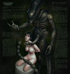 2_penises big_breasts black_body black_hair black_skin bodily_fluids bound breasts claws duo female genitals hair implied_rape makeup male male/female multi_genitalia multi_penis nude penis questionable_consent ruined_makeup saliva saliva_string tail tears teratophilia text the_interloper alien_(franchise) alien human humanoid mammal xenomorph hi_res