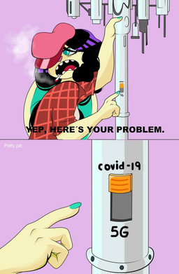 black_hair brown_body brown_fur cigarette clothing colored_nails female fur gesture glistening glistening_hair green_eyes green_nails hair half-closed_eyes hand_gesture hat headgear headwear long_ears looking_back machine nails narrowed_eyes open_mouth pink_background pink_nose pointing red_clothing red_shirt red_topwear shirt short_hair simple_background solo teeth text topwear la_tiapat covid-19_pandemic the_simpsons lagomorph leporid mammal rabbit comic english_text meme