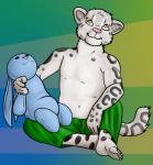 anthro barefoot biped bottomwear claws clothed clothing feet fur grey_body grey_fur happy looking_up male pants pink_nose plushie sitting smile solo spots toe_claws topless yellow_eyes young young_anthro young_male lionsilverwolf felid mammal pantherine snow_leopard 2014 absurd_res hi_res