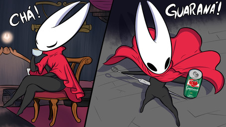 anthro beverage black_arms black_body black_legs chair cloak cloak_only clothing crossed_legs female furniture guarana_soda holding_melee_weapon holding_object holding_weapon hornet's_needle melee_weapon red_cloak red_clothing solo tea text thick_thighs weapon jhussethy guarana_antarctica hollow_knight:_silksong hollow_knight_(franchise) team_cherry hornet_(hollow_knight) arthropod 16:9 hi_res portuguese_text translated widescreen