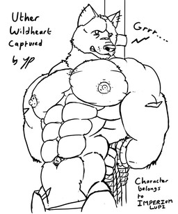 abs anthro bdsm bondage bound hands_tied male muscular muscular_anthro muscular_male navel nipples pecs pole restraints rope rope_bondage scar snout solo text tied_to_pole yeenpecs uther_wildheart canid canine canis mammal wolf black_and_white english_text half-length_portrait monochrome portrait