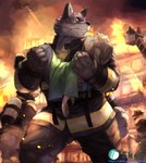 anthro barazoku bottomwear carrying_another clothing detailed_background eyes_closed fire firefighter group kemono male night outside pants shirt topwear nion canid canine canis mammal wolf 2021 hi_res unavailable_at_source