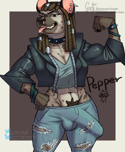 abs ball_bulge big_bulge big_penis bottomwear bracelet breasts brown_body brown_fur bulge choker clothing collar denim denim_bottomwear denim_clothing dreadlocks ear_piercing eyebrow_piercing facial_piercing flexing flexing_bicep fur genitals grin grinning_at_viewer gynomorph hair_piercing intersex jacket jeans jewelry leather leather_clothing leather_jacket leather_topwear muscular muscular_gynomorph muscular_intersex muscular_thighs necklace nose_piercing nose_ring pants penis piercing pubes ring_piercing smile smiling_at_viewer solo spiked_bracelet spiked_collar spikes spots thick_penis thick_thighs tongue tongue_out topwear torn_bottomwear torn_clothing torn_jeans torn_pants spicyboi01 pepper_(spicyboi01) humanoid hyena mammal spotted_hyena hi_res