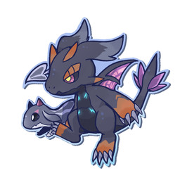 4_claws 4_fingers ambiguous_gender anthro black_arms black_body black_ears black_head black_legs black_sclera black_skin black_tail claws countershading duo feet feral fingers glowing glowing_markings horn looking_forward markings membrane_(anatomy) membranous_wings orange_feet orange_hands orange_horn purple_eyes purple_horn purple_wings running simple_background tail white_eyes white_legs white_markings wings yellow_eyes young foursukey doratama mythology black_lizard_(doratama) illusia_(doratama) dragon mythological_creature mythological_scalie reptile scalie venom_princess_lacerta_(doratama) young_plague_dragon_(doratama) 1:1 2026 digital_media_(artwork)