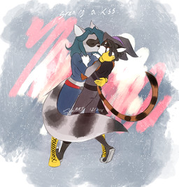 boots clothing dominant dominant_female dreadlocks duo female footwear gloves handwear kissing magic_user male mask shoes stripes thief trevhart felid feline mammal procyonid raccoon absurd_res hi_res