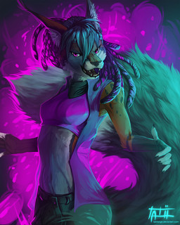 abstract_background anthro black_hair black_lips black_nose bottomwear claws clothed clothing crop_top dreadlocks fangs female fluffy fluffy_tail fur hair inner_ear_fluff kerchief lips midriff multicolored_hair neckerchief neckwear open_clothing open_mouth open_topwear open_vest pants pupils purple_eyes purple_hair shirt slit_pupils solo tail teeth topwear tuft two_tone_hair vest tatiilange felid mammal unknown_species 4:5 hi_res
