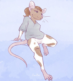 anthro bottomless bottomless_anthro bottomless_female brown_body brown_fur buckteeth clothed clothing female fur genitals green_eyes hair ponytail pose shirt shirt_only simple_background solo t-shirt teeth topwear topwear_only vulva whiskers gavbat mammal murid murine rat rodent