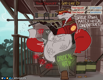 annoyed anthro critical_hit gun male ranged_weapon rifle shooting smoking_gun solo squirming text vore weapon mivomore counter-strike team_fortress_2 valve lucas_the_fox sniper_(team_fortress_2) canid canine fox mammal english_text hi_res