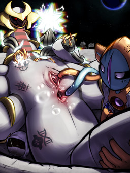 anthro anus black_body bodily_fluids earth female genitals grey_body group moon on_the_moon orange_body planet red_eyes sex space spacesuit spread_anus spread_vulva spreading tail tail_anus tattooing tentacle_sex tentacles trio vulva cha0sapien nintendo pokemon altered_forme_giratina deoxys generation_3_pokemon generation_4_pokemon generation_7_pokemon giratina legendary_pokemon normal_forme_deoxys pokemon_(species) ultra_beast xurkitree 3:4 absurd_res hi_res