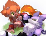 anthro belt claws duo ear_piercing ear_ring fluffy_chest fur green_eyes grey_body grey_fur male piercing red_body red_fur ring_piercing yellow_eyes takedaconomi2 bandai_namco digimon digimon_(species) flamemon strabimon hi_res