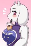 anthro big_breasts blush breasts clothed clothing curvy_figure female fur looking_at_viewer mature_anthro mature_female object_between_breasts solo voluptuous white_body white_fur huitu_c hands-free_bubble_tea undertale undertale_(series) toriel boss_monster_(undertale) bovid caprine mammal hi_res meme