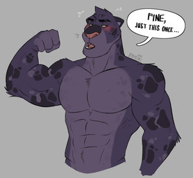 4_fingers abs anthro biceps big_muscles big_pecs black_eyebrows blush chest_tuft eyebrows fingers grey_background male markings muscular nude open_mouth pecs pink_nose simple_background solo speech_bubble spots spotted_markings teeth text tuft thediyemi felid mammal pantherine 2020 colored digital_drawing_(artwork) digital_media_(artwork) english_text flat_colors