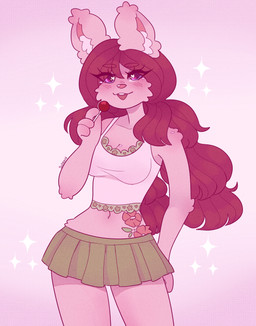 4_fingers anthro arm_tuft arms_bent bangs belly_tattoo blush blush_lines bottomwear breasts candy cheek_tuft cleavage clothed clothed_anthro clothed_female clothing crop_top dessert elbow_tuft eye_through_hair eyebrow_through_hair eyebrows eyelashes eyelashes_through_hair facial_tuft female female_anthro fingers fluffy_ears food fully_clothed fully_clothed_anthro fully_clothed_female fur fur_tattoo green_bottomwear green_clothing green_skirt hair heart_symbol holding_candy holding_food holding_lollipop holding_object inner_ear_fluff lollipop long_ears long_hair looking_at_viewer medium_breasts midriff navel open_mouth open_smile pigtails pink_body pink_fur pink_nose purple_background purple_eyes red_eyebrows red_hair shirt simple_background skirt smile smiling_at_viewer solo standing tattoo teeth text topwear translucent translucent_hair tuft wavy_hair white_clothing white_crop_top white_inner_ear_fluff white_topwear wide_hipped_anthro wide_hipped_female suzeart lollipop_bunny_(suzeart) lagomorph leporid mammal rabbit 2025 artist_name colored digital_drawing_(artwork) digital_media_(artwork) english_description hi_res portrait shaded three-quarter_portrait