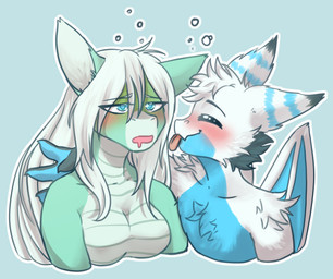 4_fingers anthro black_body black_fur blue_background blue_body blue_eyes blue_fur blush bodily_fluids breasts bubble cheek_tuft chest_tuft claws drooling drunk drunk_bubble duo eyes_closed facial_tuft female fingers fur green_body hair head_tuft inner_ear_fluff long_hair male saliva scales simple_background substance_intoxication teal_body teal_scales tongue tongue_out tuft white_body white_fur white_hair wings murzikteijiro mythology yagu_(dragon) dragon furred_dragon furred_scalie mythological_creature mythological_scalie scalie 2019 absurd_res half-length_portrait hi_res portrait