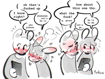 anthro aroused_smile biped blush blushing_profusely clothed clothing dialogue duo electronics embarrassed female looking_at_porn male phone pornography profanity requesting sex_request text panken lagomorph leporid mammal mouse murid murine rabbit rodent 2024 english_text