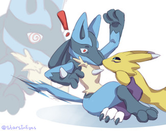 3_fingers anthro armwear black_body black_fur black_nose black_sclera blue_body blue_eyes blue_fur boop bridal_gauntlets cheek_tuft claws clothing confusion countershade_torso countershading duo ears_back ears_up exclamation_point facial_tuft female fingers fur happy kiss_on_nose kissing larger_female long_ears looking_at_another lying male motion_lines nose_boop on_front onomatopoeia pivoted_ears purple_body purple_clothing purple_fur red_eyes romantic romantic_couple shadow shocked simple_background sitting size_difference smaller_male sound_effects spikes spikes_(anatomy) spiral spiral_eyes surprised tail tail_motion tailwag tan_body tan_fur text tuft white_body white_countershading white_fur yellow_body yellow_fur starsineyes bandai_namco digimon nintendo pokemon canid digimon_(species) generation_4_pokemon lucario mammal pokemon_(species) renamon artist_name colored crossover shaded