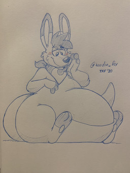 anthro belly big_belly biped blush blush_lines bottom_heavy cheek_tuft chest_tuft dipstick_ears dipstick_limbs dipstick_tail ear_markings facial_tuft fur fur_tuft hair kerchief looking_down male markings multicolored_ears narrowed_eyes on_ground overweight overweight_male pawpads paws pear-shaped_figure pouch_(anatomy) shy sitting solo squish tail tail_markings text tuft wide_hips kitsunezero alex_(joltink) kangaroo macropod mammal marsupial 2020 3:4 artist_name monochrome sepia signature sketch traditional_media_(artwork)