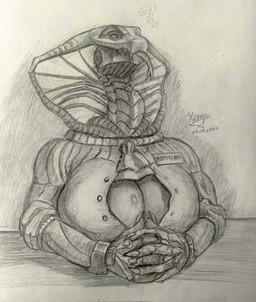 5_fingers anthro apode big_breasts black_sclera breasts claws closed_smile exoskeleton fangs female fingers forked_tongue glistening glistening_breasts glowing_hood hands_on_table hatched_shading huge_breasts interlocked_fingers jabot legless looking_at_viewer looking_down looking_down_at_viewer metallic_body mouth_closed name_badge non-mammal_breasts pupils question_mark ribbed_clothing ribbed_sweater ridged_mouth rolled_up_sleeves segmented_neck serpentine simple_background smile snake_hood solo synthetic_muscles teeth text tongue tongue_out unbuttoned unbuttoned_topwear unusual_pupils xenthetechnomorph xen_(xenthetechnomorph) cobra draconcopode naga reptile robot_anthro scalie snake snake_naga 2022 character_name cross-hatching dated graphite_(artwork) hatching_(art) hi_res monochrome shaded signature sketch traditional_media_(artwork) trans_(lore) trans_woman_(lore)