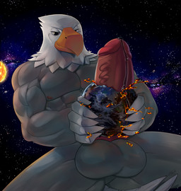 abs anthro balls beak big_balls big_penis bodily_fluids destruction fire genital_fluids genitals glans holding_planet humanoid_genitalia humanoid_penis macro male muscular muscular_anthro muscular_male nipples non-mammal_balls non-mammal_nipples pecs penetration penis pink_glans pink_penis planet planet_destruction planet_dwarfing planet_penetrated precum solo sun terra_macro vein soina animal_crossing nintendo apollo_(animal_crossing) accipitrid accipitriform avian bald_eagle bird eagle sea_eagle 2022 absurd_res hi_res