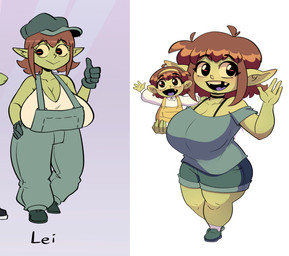 before_and_after big_breasts bottomwear breasts cleavage clothed clothing eyelashes female female_humanoid footwear gesture gloves green_body green_bottomwear green_clothing green_footwear green_gloves green_handwear green_hat green_headwear green_overalls green_shirt green_shorts green_skin green_topwear hand_gesture handwear hat headgear headwear huge_breasts humanoid_pointy_ears looking_at_viewer missing_tooth overalls pointy_ears redesign shirt shorts shortstack shortstack_female smile standing text thumbs_up topwear young 20pesos_sopa lei_(20pesos_sopa) selene_(20pesos_sopa) goblin humanoid absurd_res character_name hi_res