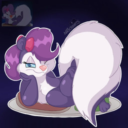 accessory anthro big_tail bow_ribbon breasts female food fur hair hair_accessory hair_bow hair_ribbon laying_on_plate looking_at_viewer lying meat on_side one_eye_closed pink_nose plant pose purple_body purple_fur purple_hair ribbons simple_background smile solo tail text thick_thighs toony tuft vegetable white_body white_fur wink natycriaarts tiny_toon_adventures warner_brothers fifi_la_fume mammal mephitid skunk striped_skunk 1:1 digital_media_(artwork) hi_res pinup