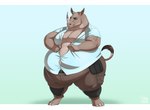 anthro belly biglovealicia bodily_fluids button_(fastener) clothed clothing grey_body grey_skin hi_res horn male mammal moobs obese obese_anthro obese_male overweight overweight_anthro overweight_male rhinoceros solo standing straining_buttons struggling sweat sweatdrop tail tail_tuft thick_thighs tight_clothing tuft white_rhinoceros wide_hips
