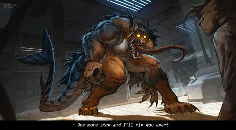 5_fingers abs anthro big_breasts breasts claws female fingers laboratory long_tongue muscular muscular_anthro muscular_female nipples nude sharp_teeth tail teeth text tongue what_has_science_done moynzarek hybrid mammal monster 2025 absurd_res english_text hi_res