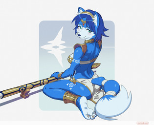 3_toes accessory anthro armor bandeau barefoot blue_body blue_fur blue_hair bottomwear breasts butt choker circlet claws clothing countershade_feet countershading dipstick_tail eyebrows eyelashes feet female fur furgonomics green_eyes hair hair_accessory hairband inner_ear_fluff jewelry krystal's_staff loincloth markings necklace paws plantigrade shoulder_guards side_boob sitting soles solo staff tail tail_accessory tail_markings tailband text toe_claws toes topwear tuft vambrace wariza white_body white_fur overlord_jc nintendo star_fox krystal_(star_fox) canid canine fox mammal 2025 digital_media_(artwork) hi_res url