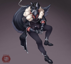 anthro black_body black_fur black_hair black_nose cigarette clothing fluffy fluffy_ears fluffy_tail fur fur_coat fur_collar grey_body hair inner_ear_fluff male navel red_eyes scar serious shoulder_pads sitting smoke smoking solo suit tail tuft canid canine canis mammal wolf absurd_res hi_res