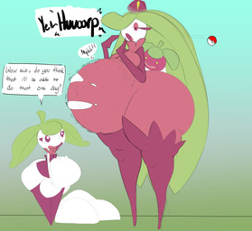 after_vore belly big_belly dialogue female female_pred green_hair group hair overweight simple_background text thick_thighs trio vore dongwongtang nintendo pokemon bounsweet generation_7_pokemon humanoid pokemon_(species) steenee tsareena 2017 digital_media_(artwork) english_text hi_res sibling_(lore) sister_(lore) sisters_(lore)