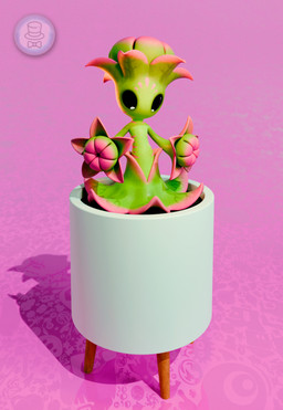 anthro black_sclera female flower_hands flower_head logo looking_down mouthless plant plant_pot potted_plant simple_background solo white_eyes mrlarions electronic_arts maxis_(ea) spore_(game) venomica_(mrlarions) elemental_creature flora_fauna 2025 3d_(artwork) absurd_res artist_logo digital_media_(artwork) hi_res