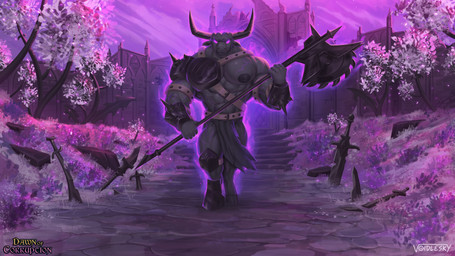 anthro armor axe black_body bottomwear clothing corruption glowing glowing_eyes holding_axe holding_object hooves horn loincloth male muscular muscular_male nipples pecs purple_background purple_eyes simple_background solo voidlesky dawn_of_corruption bovid bovine cattle mammal absurd_res hi_res