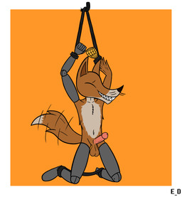 anthro balls bdsm bondage bound brown_body brown_fur eyes_closed fur genitals humanoid_genitalia humanoid_penis kneeling male nude penis prosthetic prosthetic_arm prosthetic_leg prosthetic_limb smile solo tail erotic_diversion oldentale reynault_(oldentale) canid canine enfield fox mammal hi_res