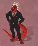 abstract_background anthro business_suit clothed clothing feet fingers fully_clothed hands_on_hips high-angle_view horn machine male necktie red_body simple_background solo standing suit tail toes yellow_eyes inkmaven mythology serandite dragon mythological_creature mythological_scalie robot scalie synth_(vader-san) 2020 digital_media_(artwork) full-length_portrait portrait