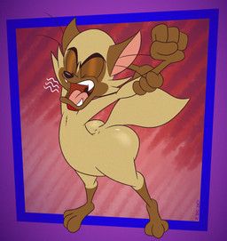3_toes 4_fingers abstract_background anthro arched_back big_butt big_tail biped black_nose brown_body brown_face brown_feet brown_fur brown_hands bubble_butt butt cheek_tuft chest_tuft collar collar_only curvy_figure eyes_closed facial_tuft fangs feet fingers fluffy fluffy_tail fur glistening glistening_butt gloves_(marking) high-angle_view humanoid_hands humanoid_heel leg_markings lines_drawn male markings multicolored_body multicolored_fur nude nude_anthro nude_male open_mouth paws pear-shaped_figure plantigrade pose red_collar slightly_chubby slightly_chubby_anthro slightly_chubby_male socks_(marking) solo standing stretching stretching_arms tail tan_body tan_fur teeth toes tuft two_tone_body two_tone_fur wide_hipped_anthro wide_hipped_male wide_hips yawn gavanzude bunnicula_(series) chester_(bunnicula) domestic_cat felid feline felis mammal siamese_cat 2026 alternate_version_at_paywall colored digital_drawing_(artwork) digital_media_(artwork) flat_colors hi_res pinup signature