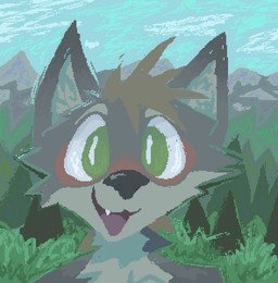 ambiguous_gender anthro blue_sky brown_hair day detailed_background fur green_eyes grey_body grey_fur hair looking_at_viewer mountain open_mouth open_smile sky smile solo toony demensa canid canine canis mammal wolf 2025 bust_portrait digital_media_(artwork) hi_res pixel_(artwork) portrait nonbinary_(lore)